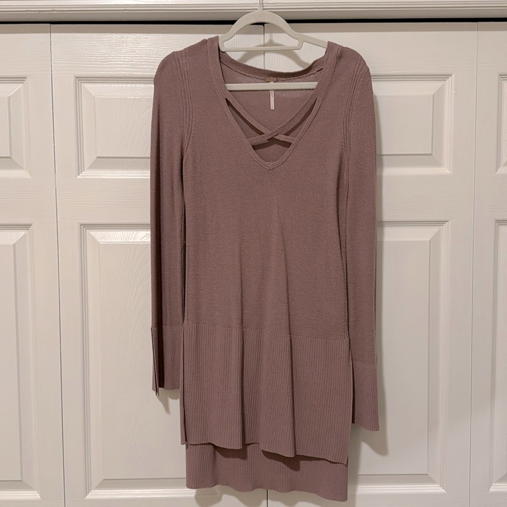 Free People Womens Small Criss Cross Sweater V Neck Side Slits Mauve